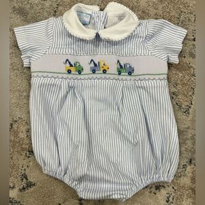 Petit Bebe Striped Bubble with Embroidered Trucks
